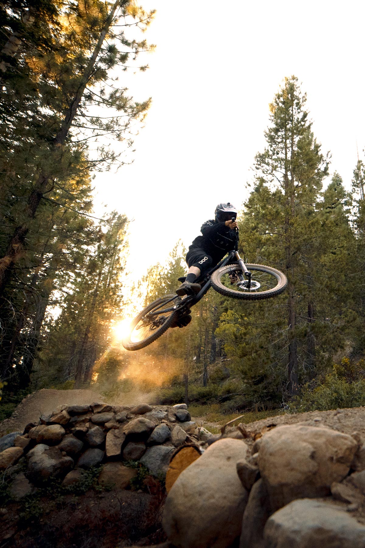 Action photography of a mountain biker in North Lake Tahoe. Forest in the back ground.